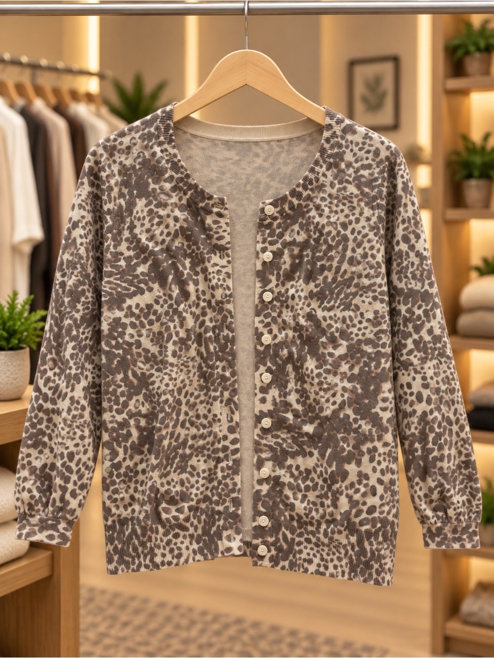 Banana Republic Animal Print Cardigan - Cream and Brown